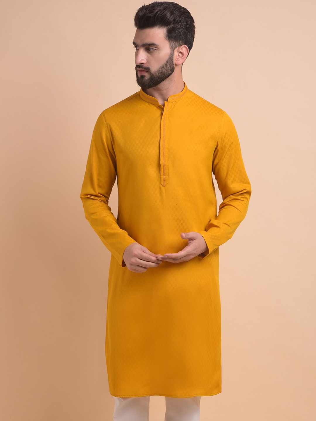 

Anouk Thread Work Mandarin Collar Long Sleeves Straight Kurta, Yellow