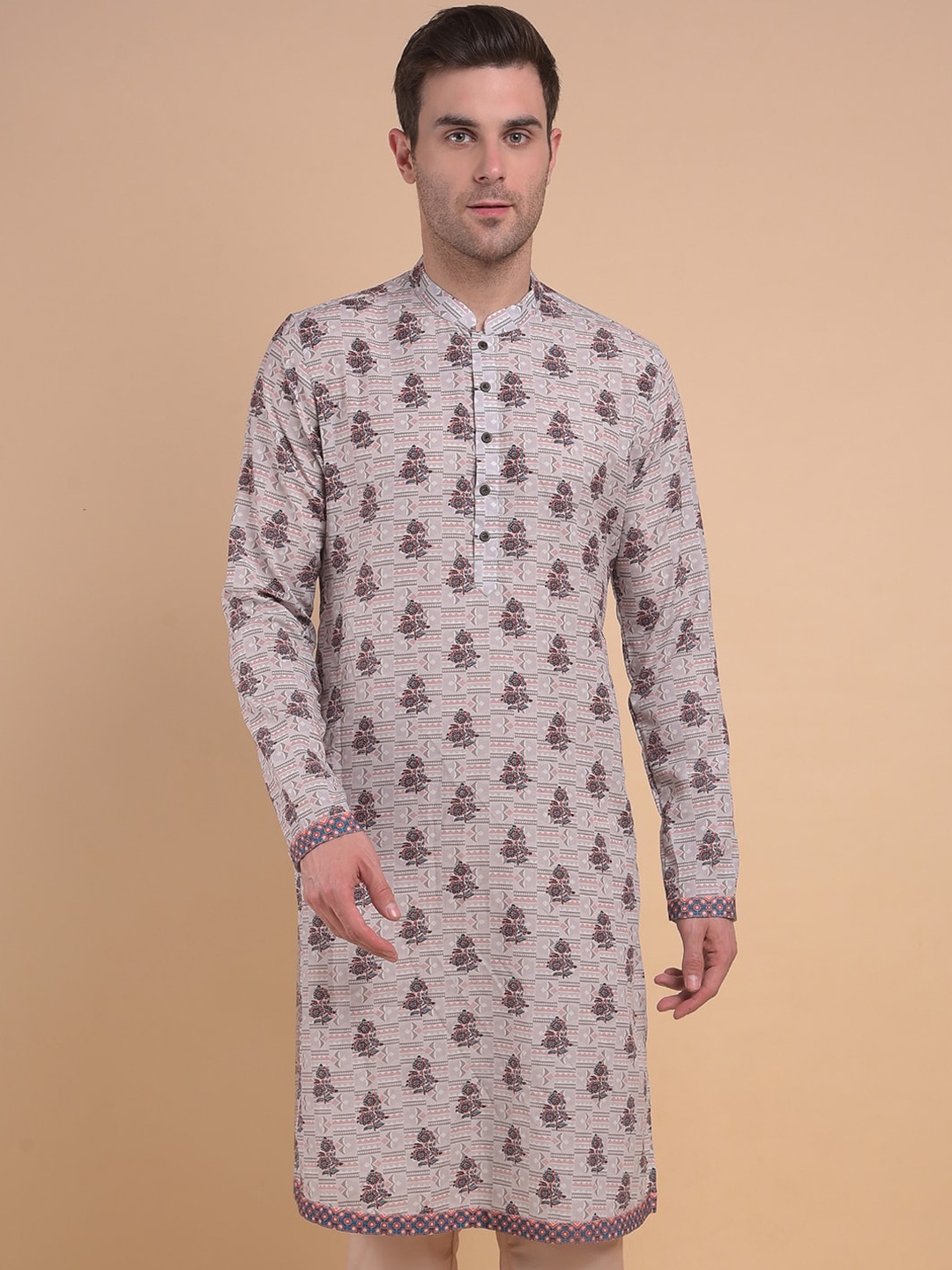 

Anouk Floral Printed Mandarin Collar Cotton Silk Straight Kurta, Off white