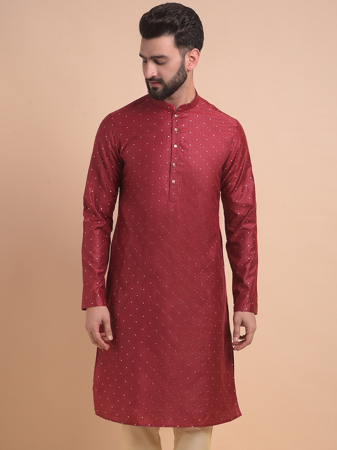 

Anouk Ethnic Motifs Woven Design Mandarin Collar Jacquard Straight Kurta, Red