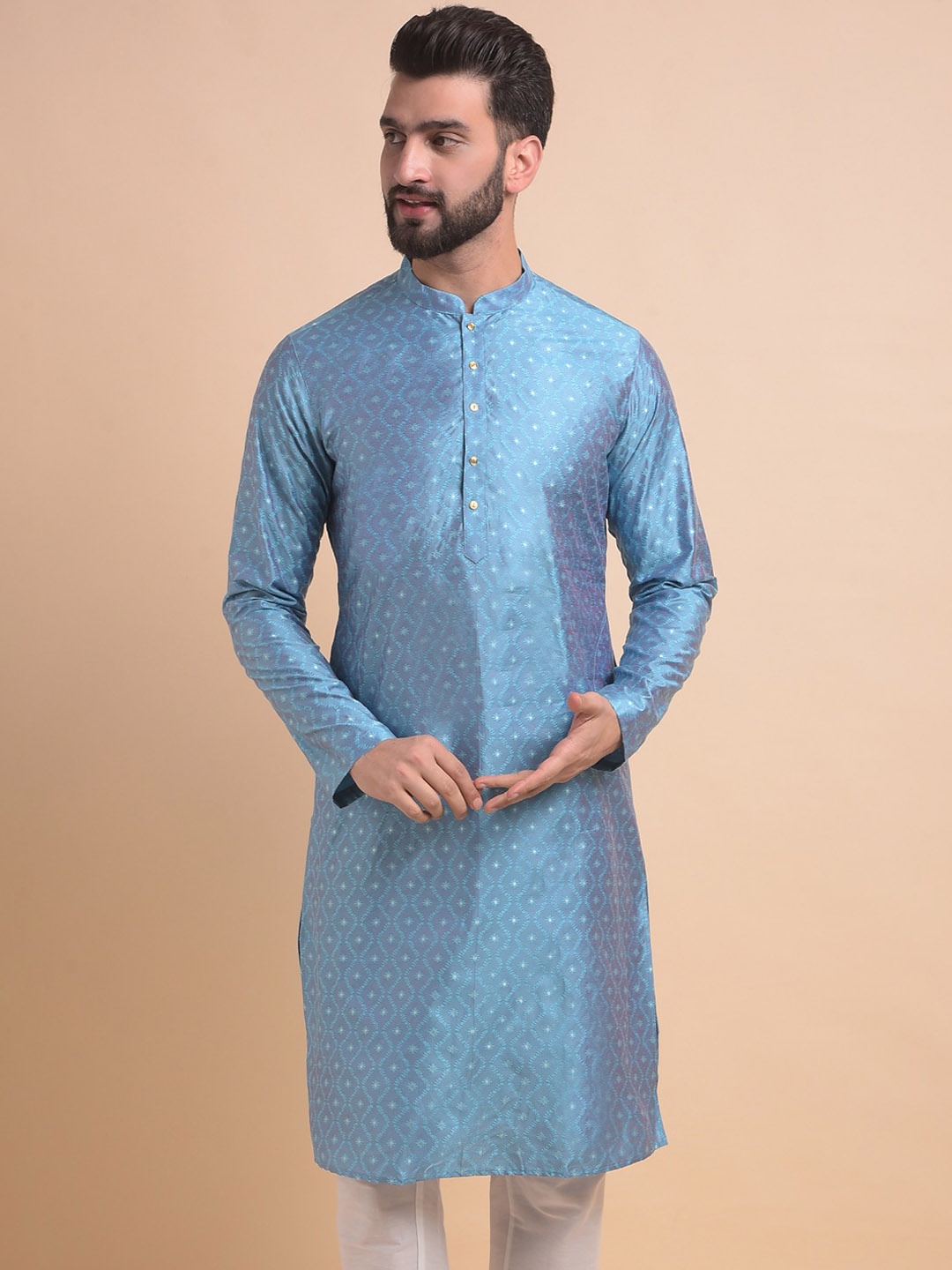 

Anouk Geometric Woven Design Mandarin Collar Jacquard Straight Kurta, Blue