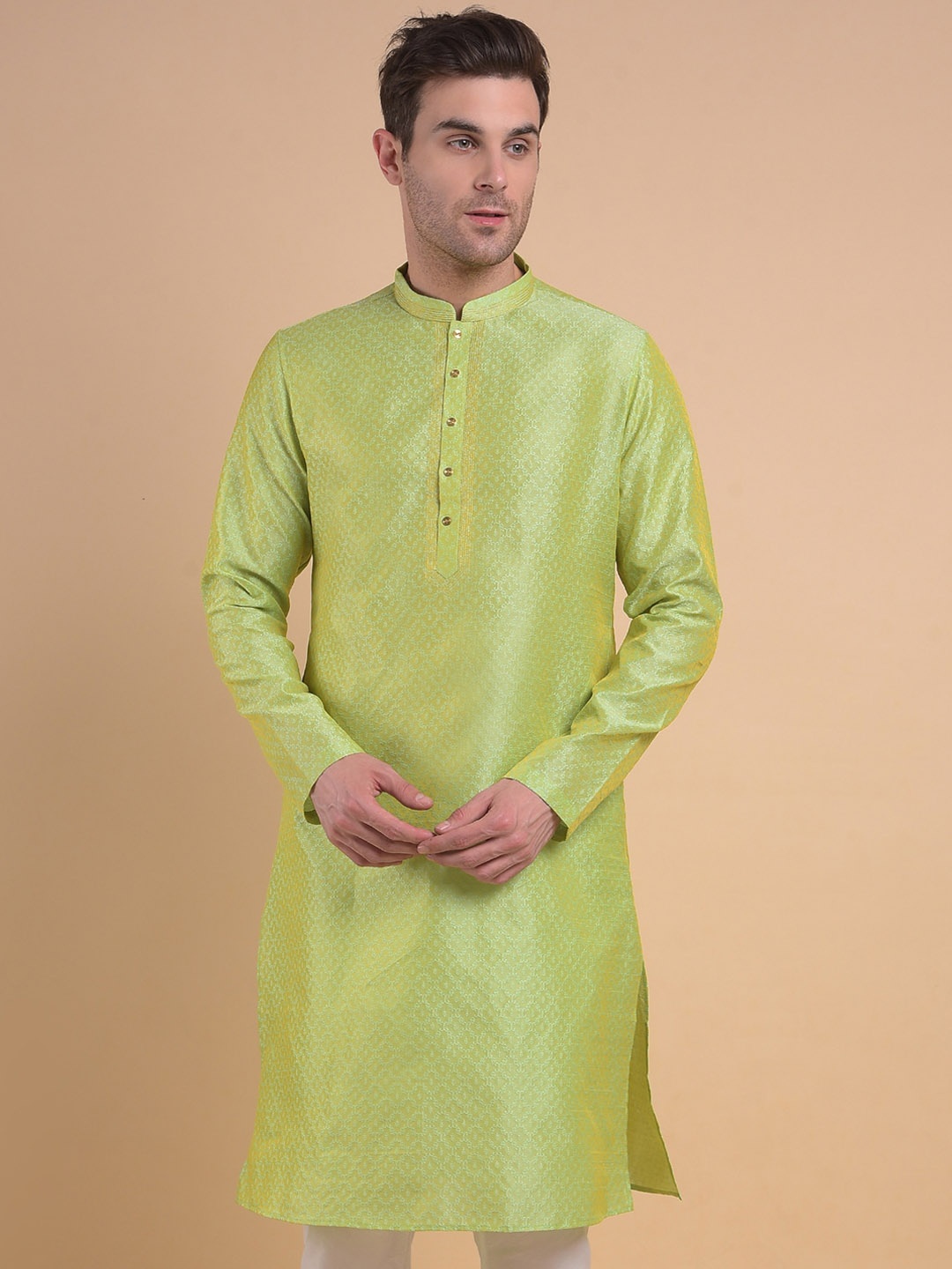 

Anouk Ethnic Motifs Woven Design Mandarin Collar Jacquard Straight Kurta, Green