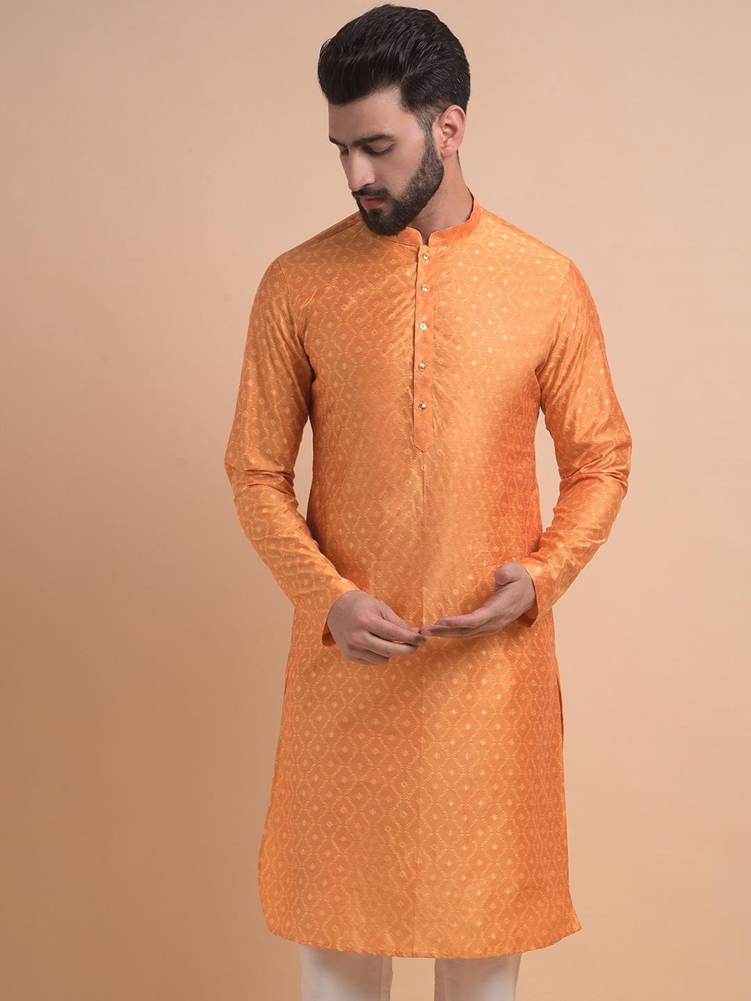 

Anouk Ethnic Motifs Woven Design Mandarin Collar Jacquard Straight Kurta, Yellow