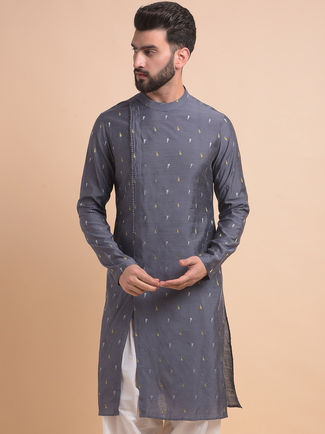 

Anouk Geometric Long Sleeves Jacquard Kurta, Grey