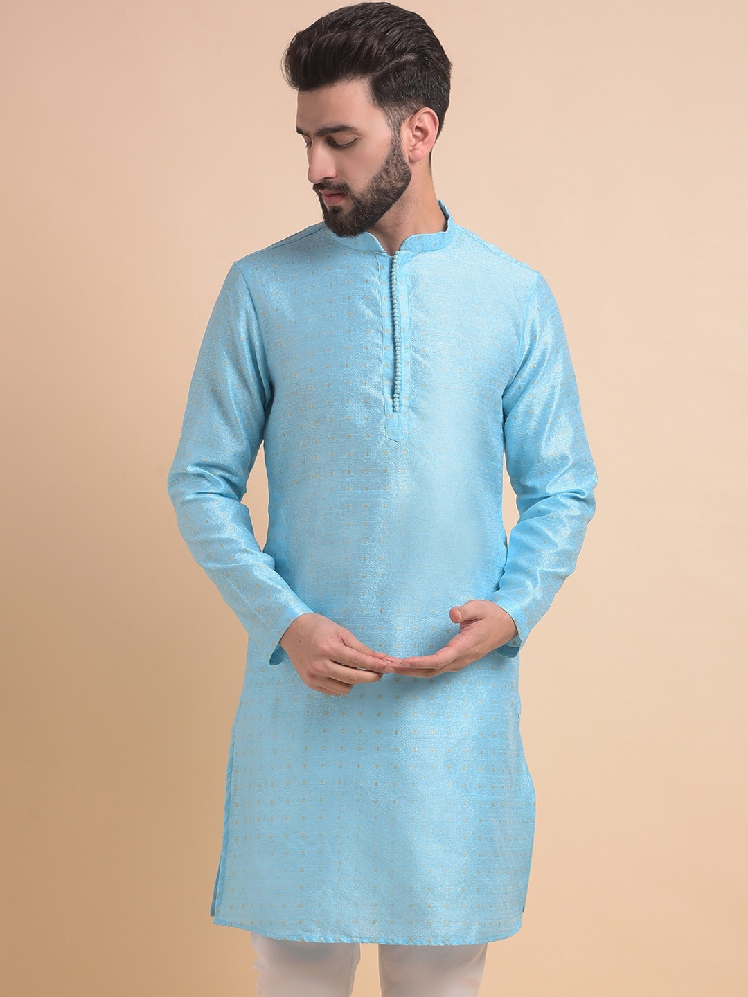 

Anouk Ethnic Motifs Woven Design Mandarin Collar Jacquard Straight Kurta, Blue