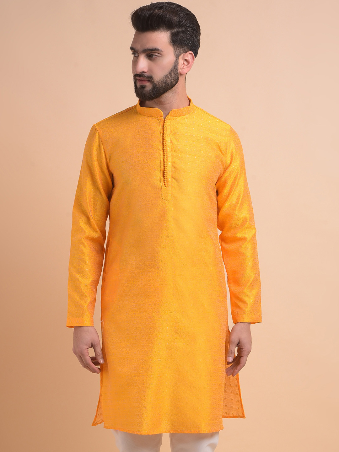

Anouk Thread Work Mandarin Collar Long Sleeves Straight Kurta, Yellow