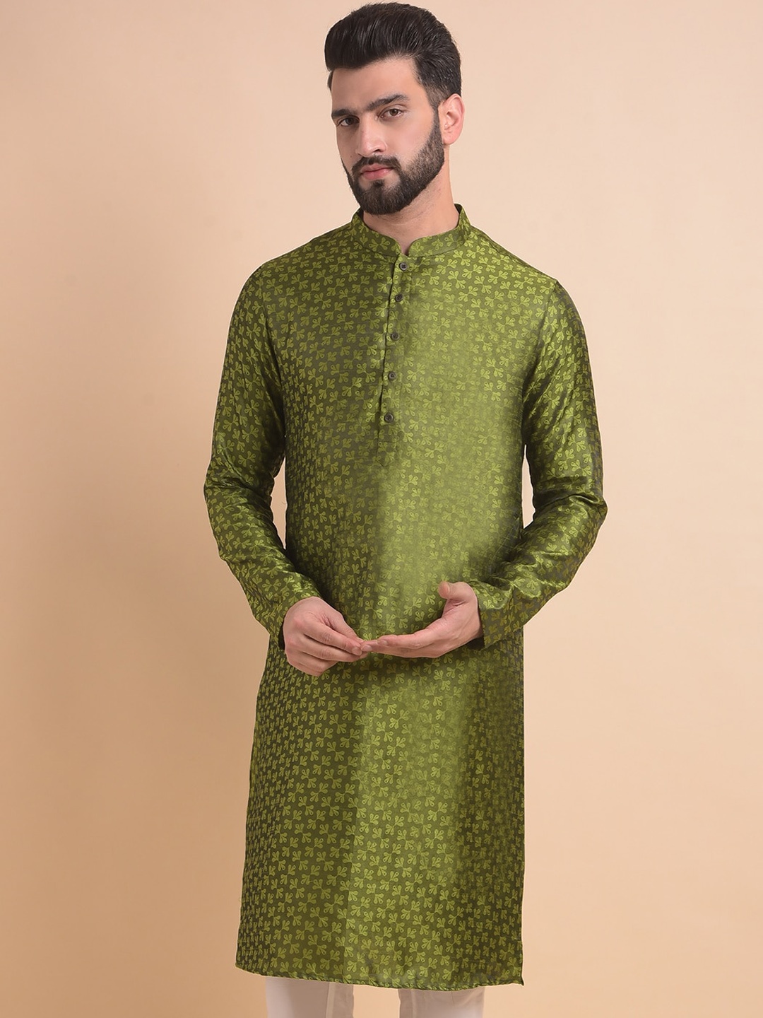 

Anouk Olive Green Floral Woven Design Mandarin Collar Straight Jacquard Kurta