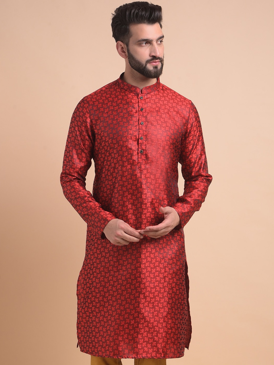 

Anouk Mandarin Collar Long Sleeves Jacquard Kurta, Red