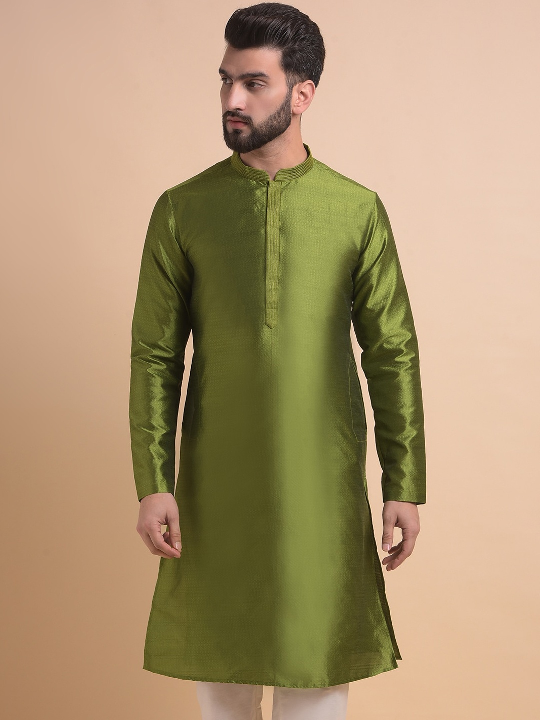 

Anouk Ethnic Mandarin Collar Jacquard Straight Kurta, Olive