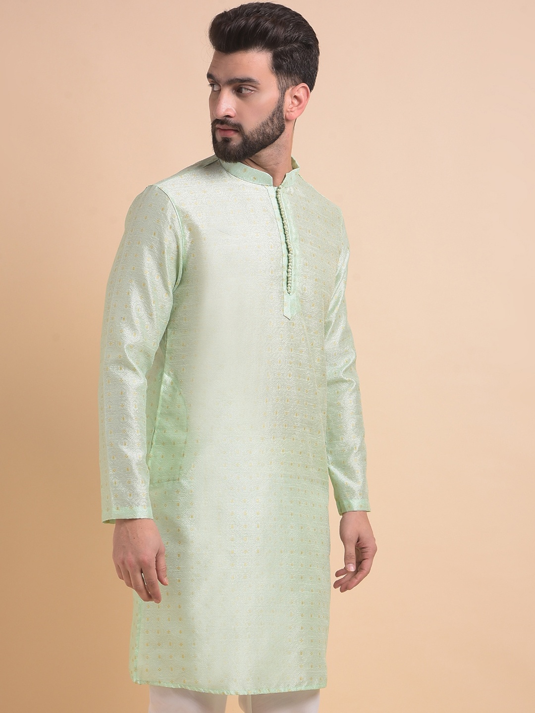 

Anouk Green Ethnic Motifs Woven Design Mandarin Collar Jacquard Straight Kurta