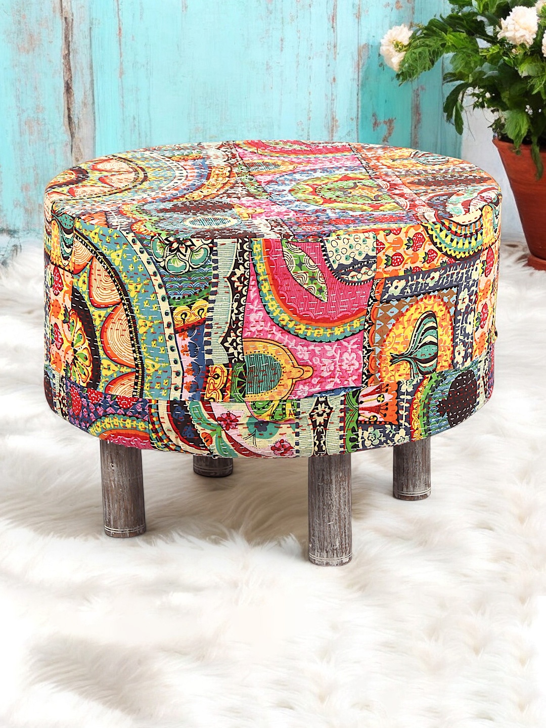 

Ikiriya Yellow & Green Printed Rosslyn Wooden Cylindrical Pouffe Ottoman