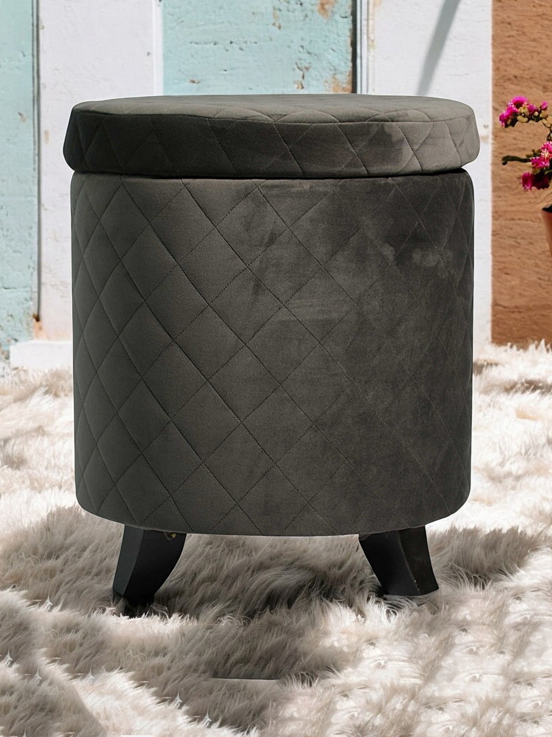 

Ikiriya Grey Quilted Orlando Wooden Cylindrical Pouffe Ottoman