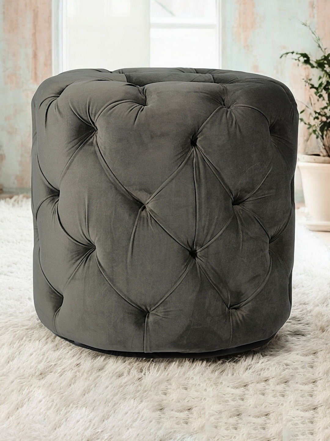 

Ikiriya Grey Quilted Dallas Wooden Cylindrical Pouffe Ottoman