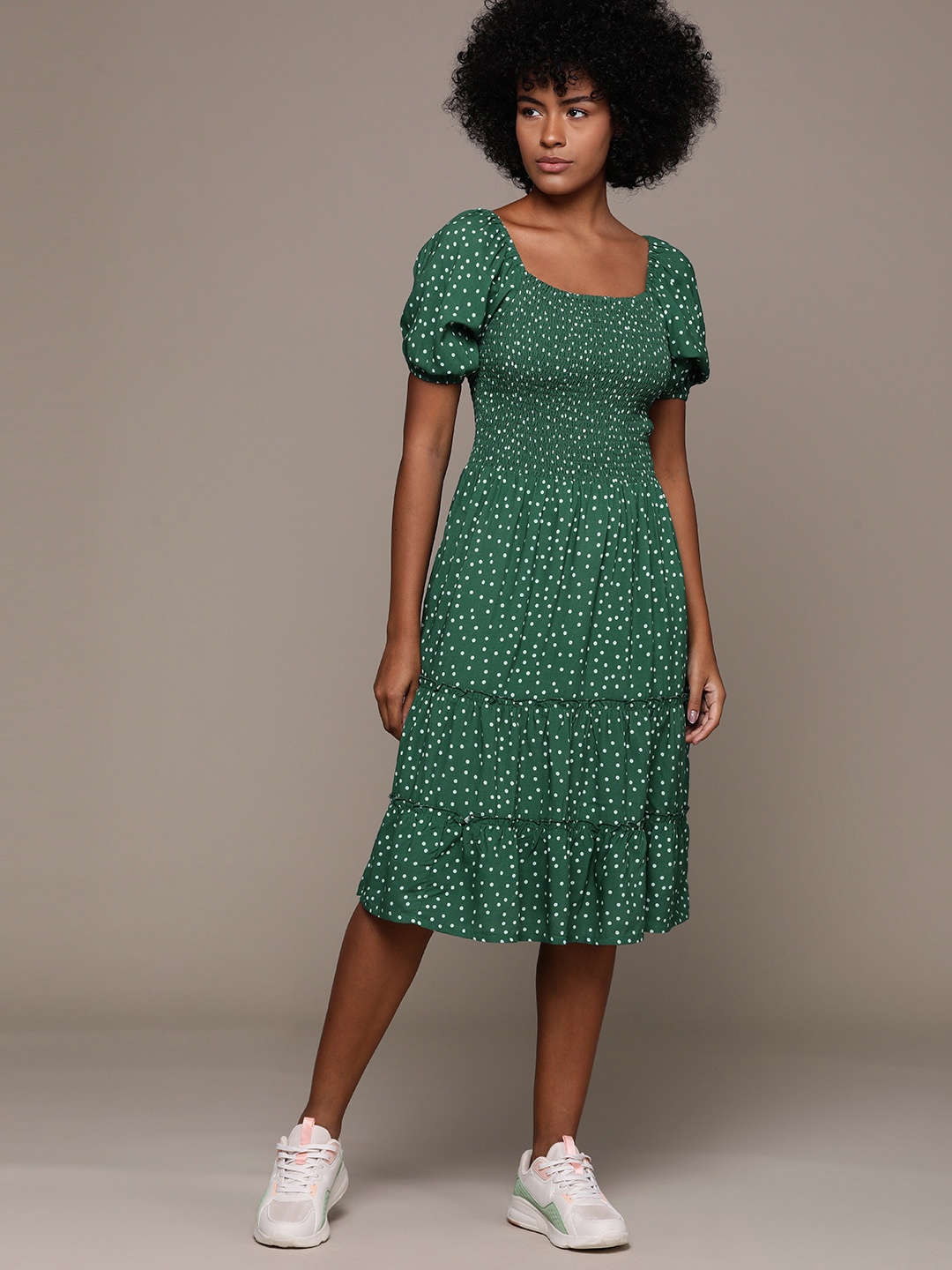 

Roadster Print Puff Sleeves Smocked Tiered Drop-Waist Dress, Green