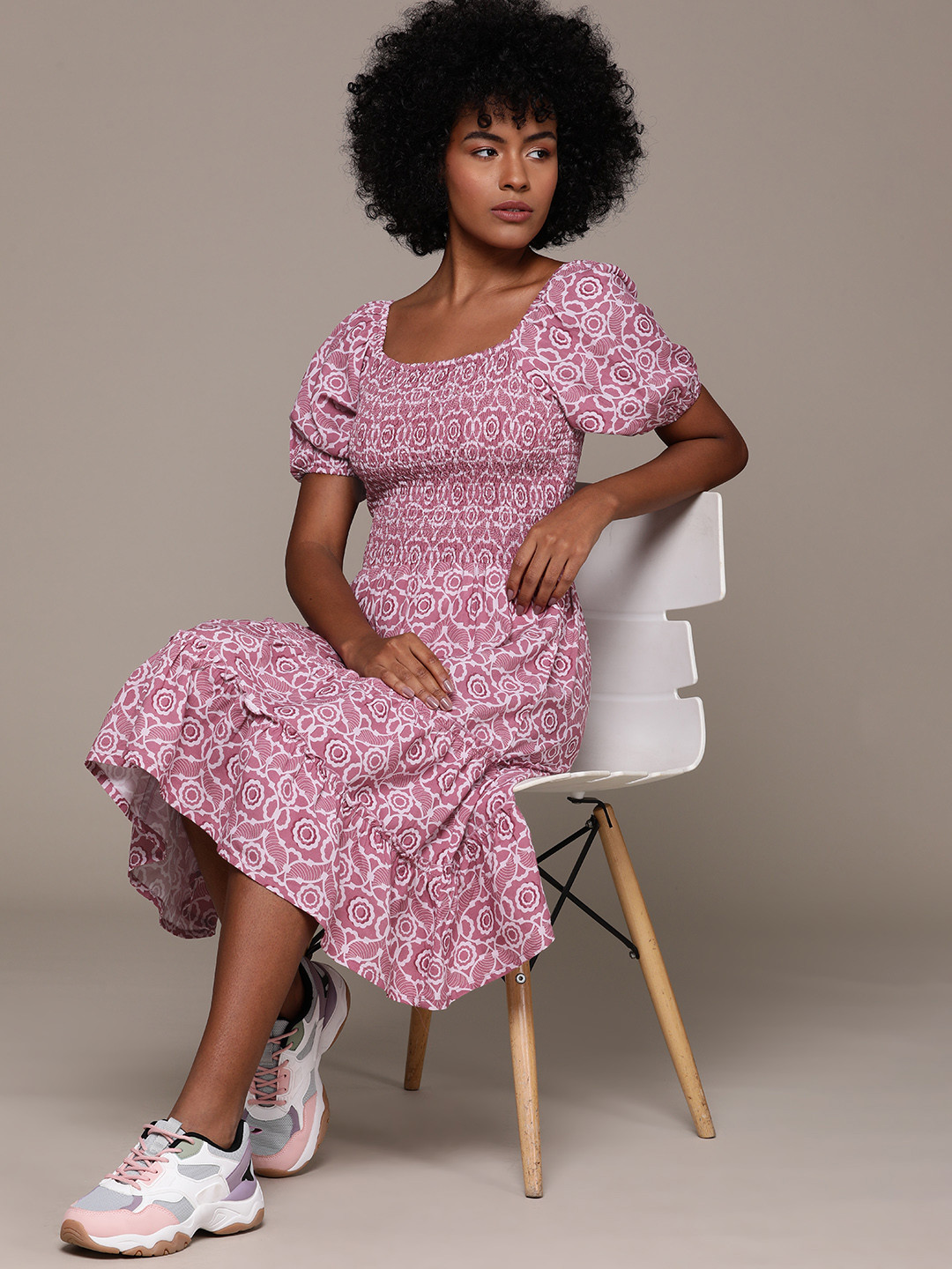 

Roadster Print Puff Sleeves Fit & Flare Dress, Rose