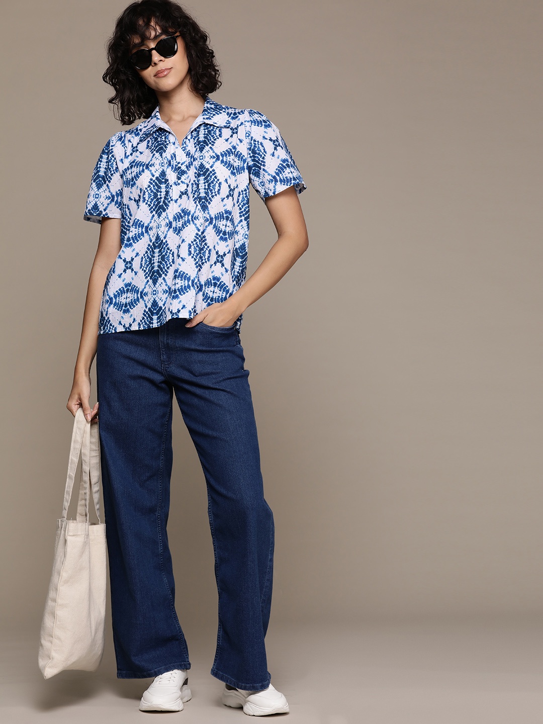 

Roadster Tie & Dye Print Cotton Cambric Shirt Style Top, Blue