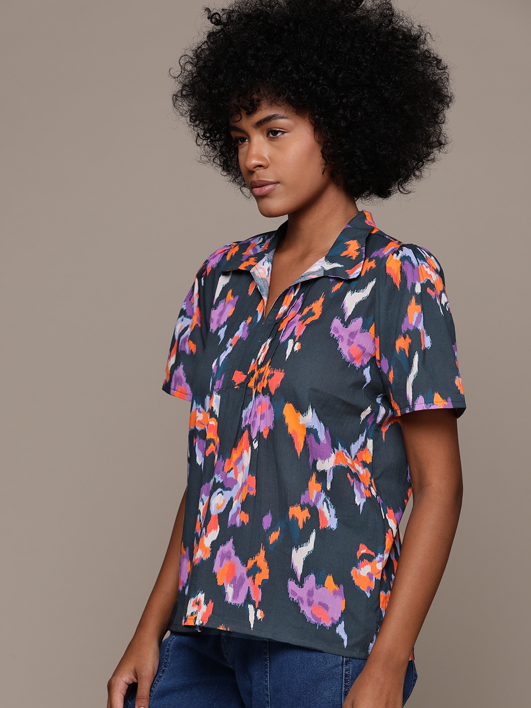 

Roadster Printed Cotton Cambric Shirt Style Top, Black