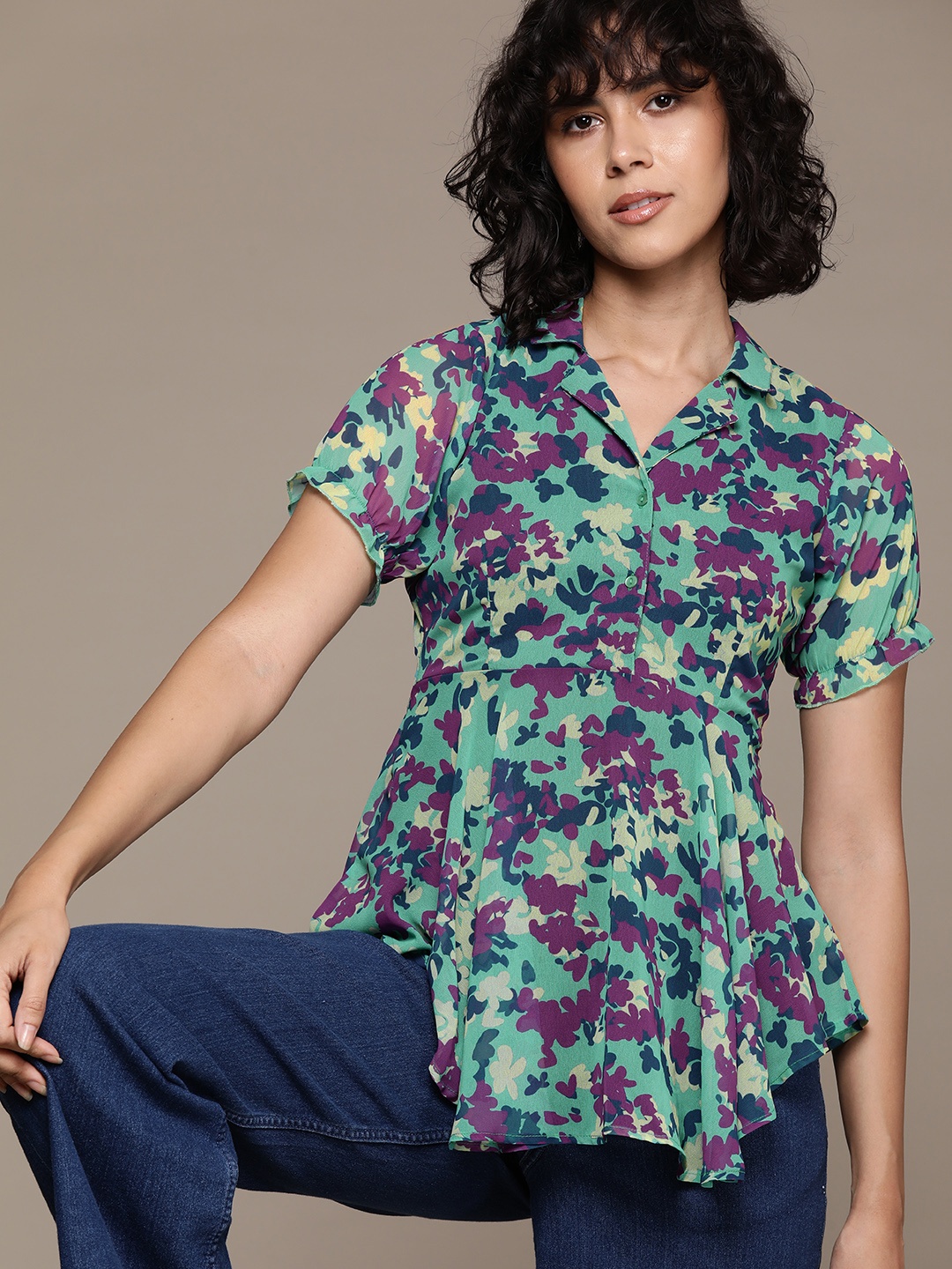 

Roadster Print Puff Sleeves Georgette Peplum Longline Top, Multi