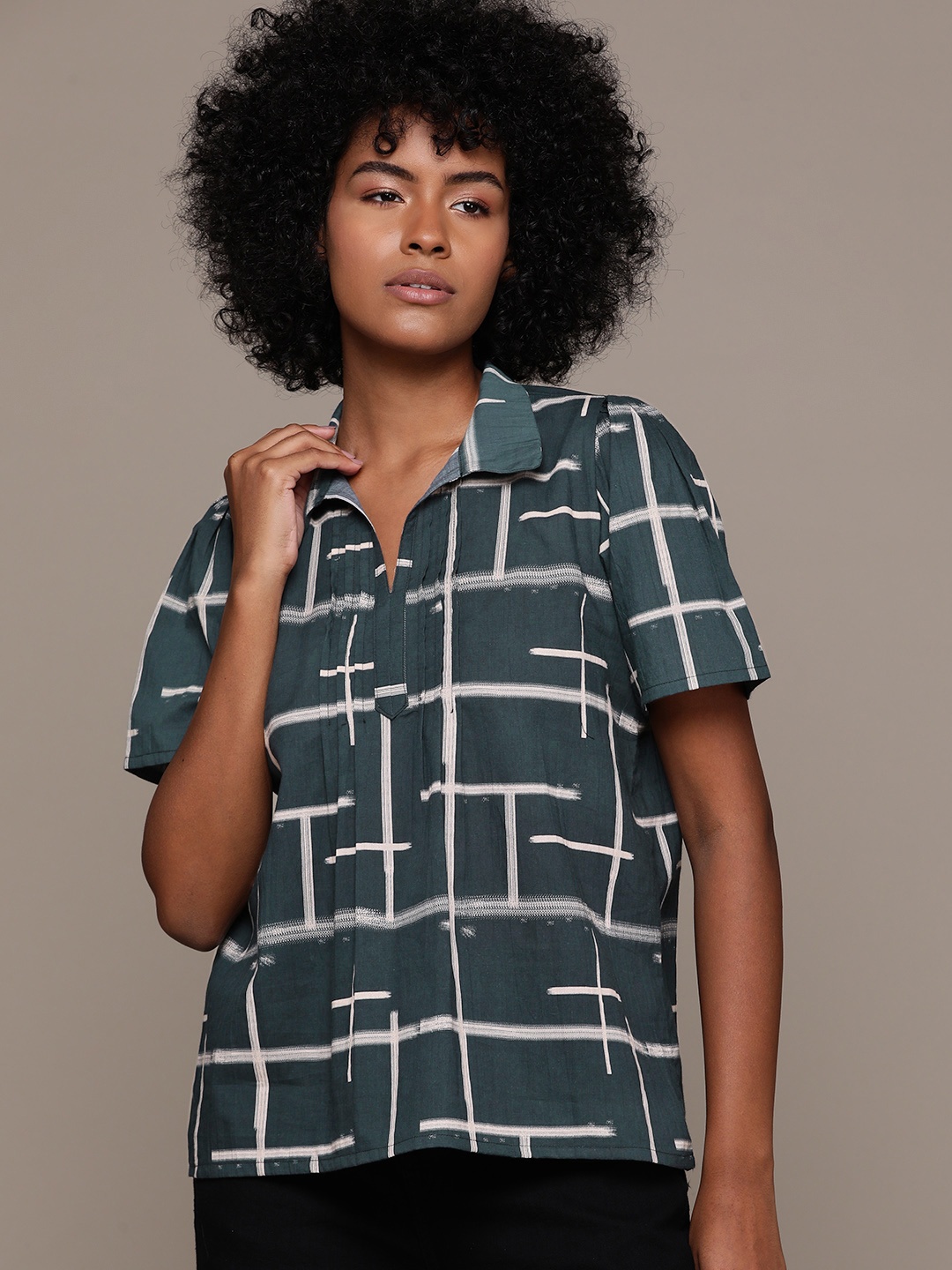 

Roadster Geometric Print Cotton Cambric Shirt Style Top, Black