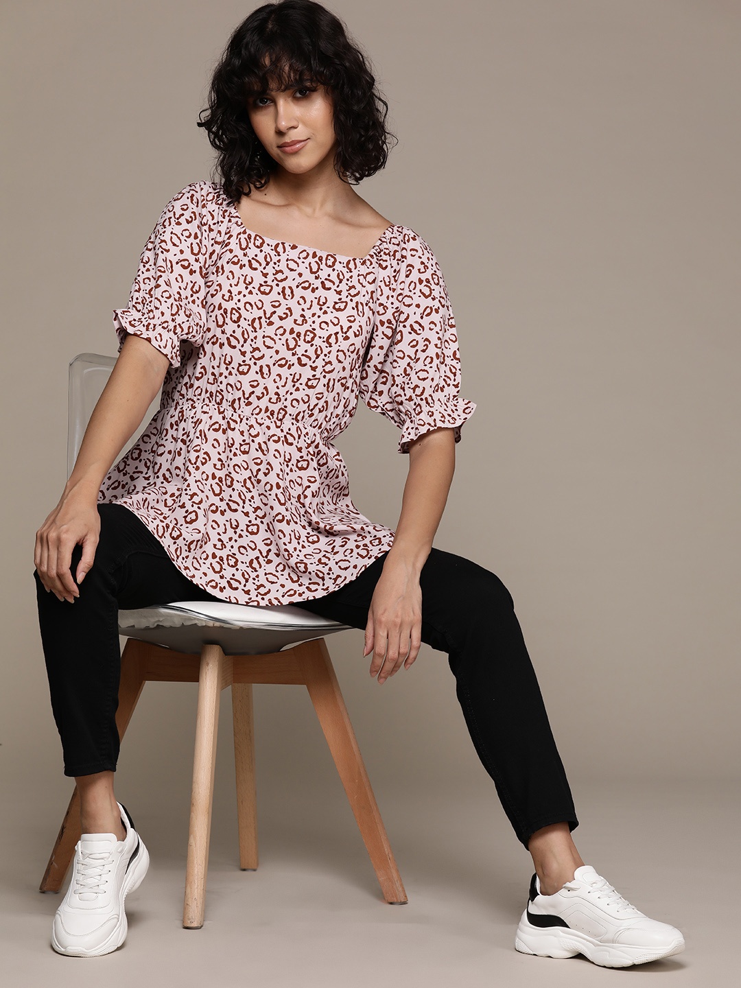 

Roadster Print Puff Sleeves Peplum Longline Top, Brown
