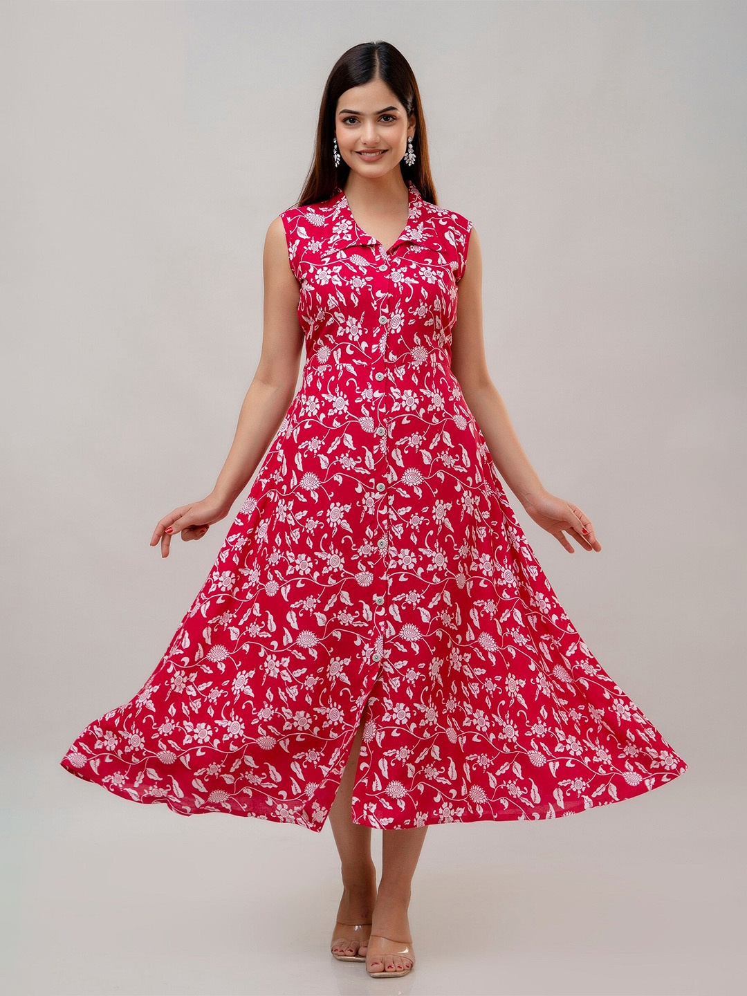 

SHOOLIN Floral Print Shirt Collar Formal Fit & Flare Midi Dress, Pink