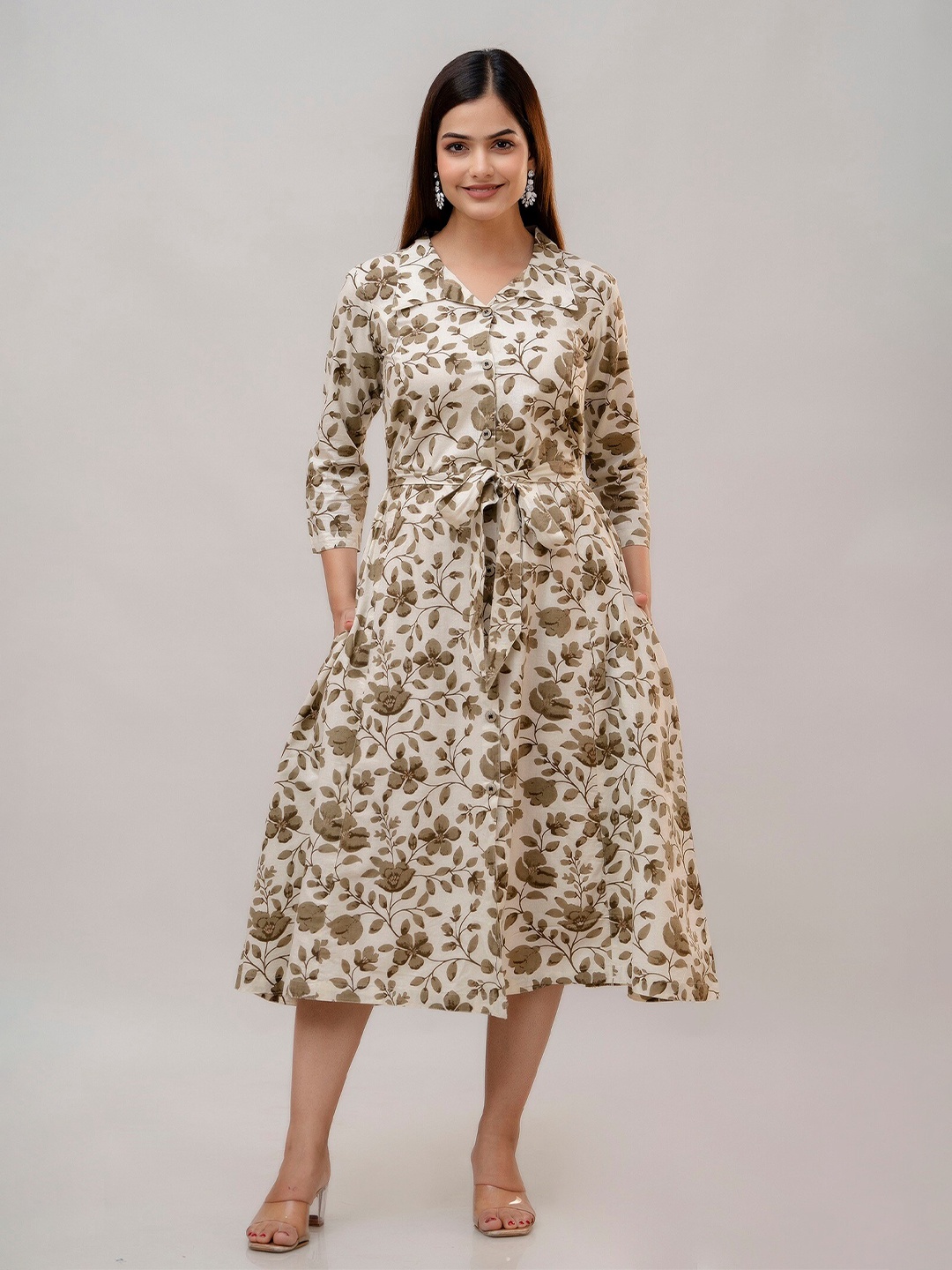 

SHOOLIN Floral Printed Pure Cotton Midi Shirt Dress, Brown