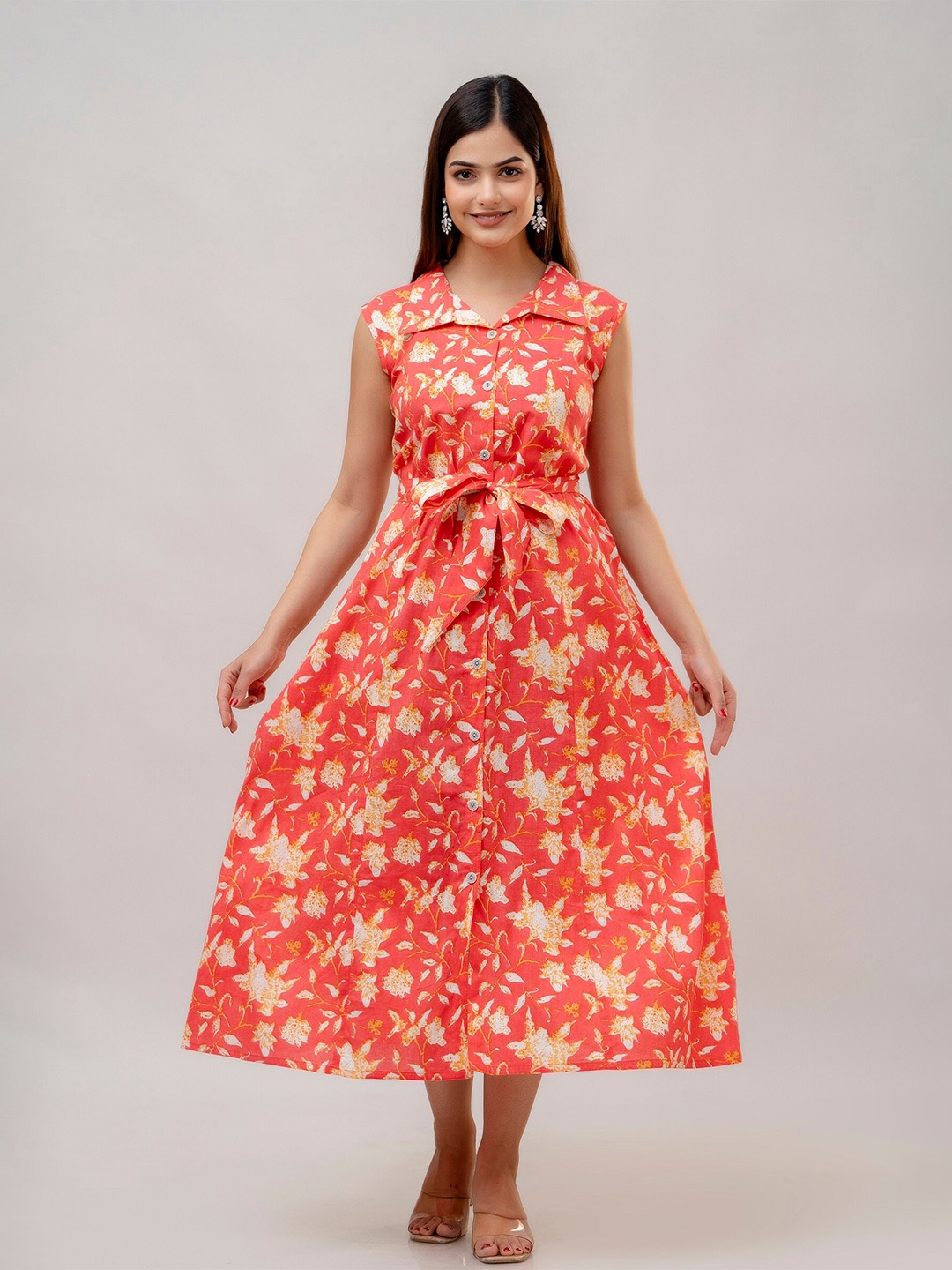 

SHOOLIN Floral Printed Cotton Midi Shirt Dress, Orange