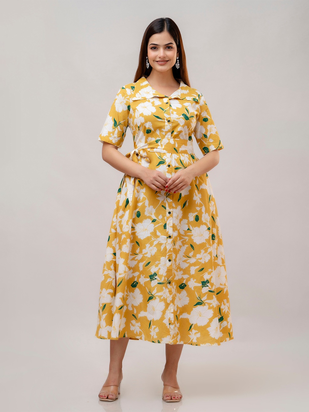

SHOOLIN Floral Printed Cotton Shirt Midi Dress, Yellow