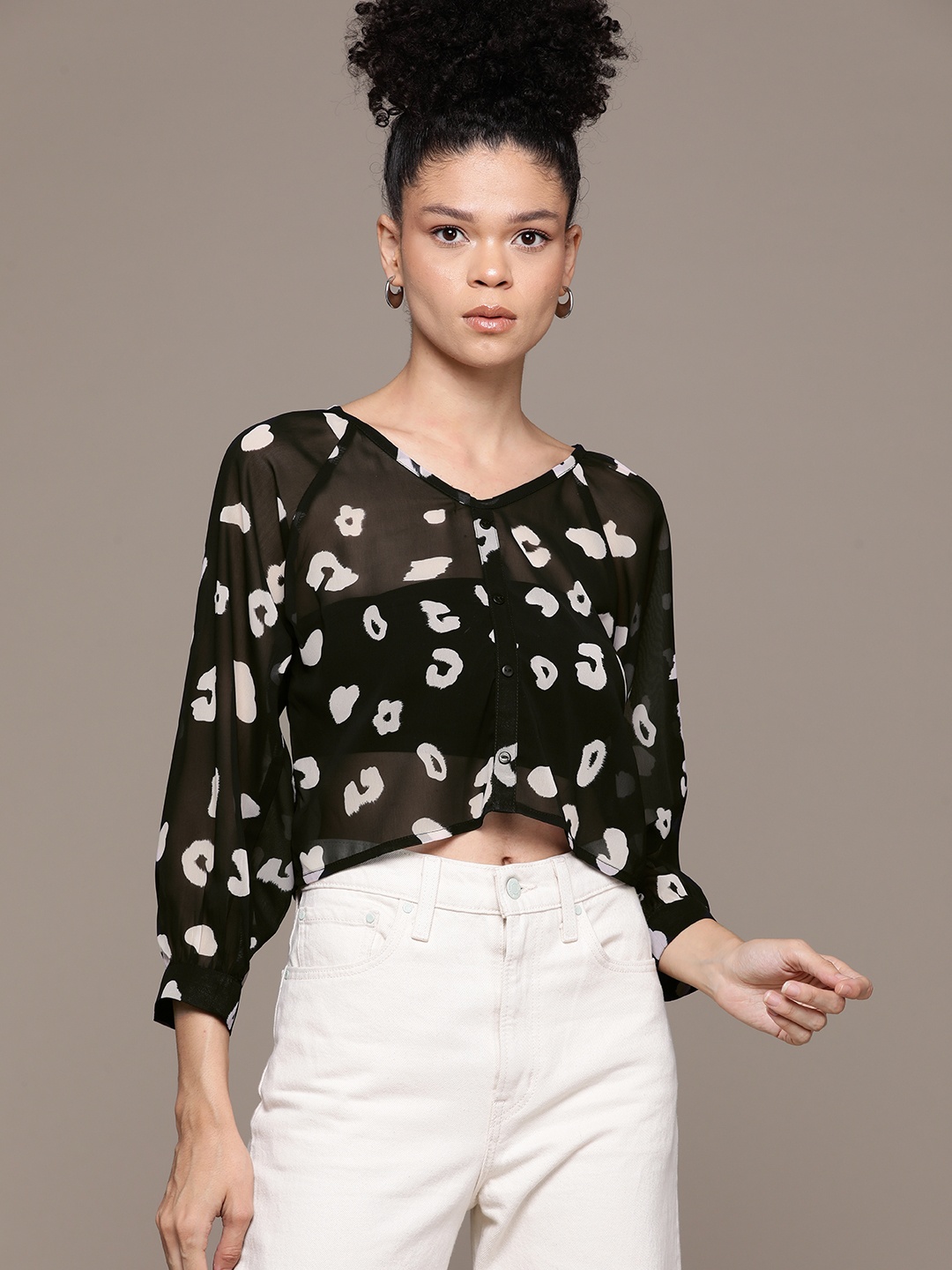 

Roadster Sheer Printed Casual Shirt, Black
