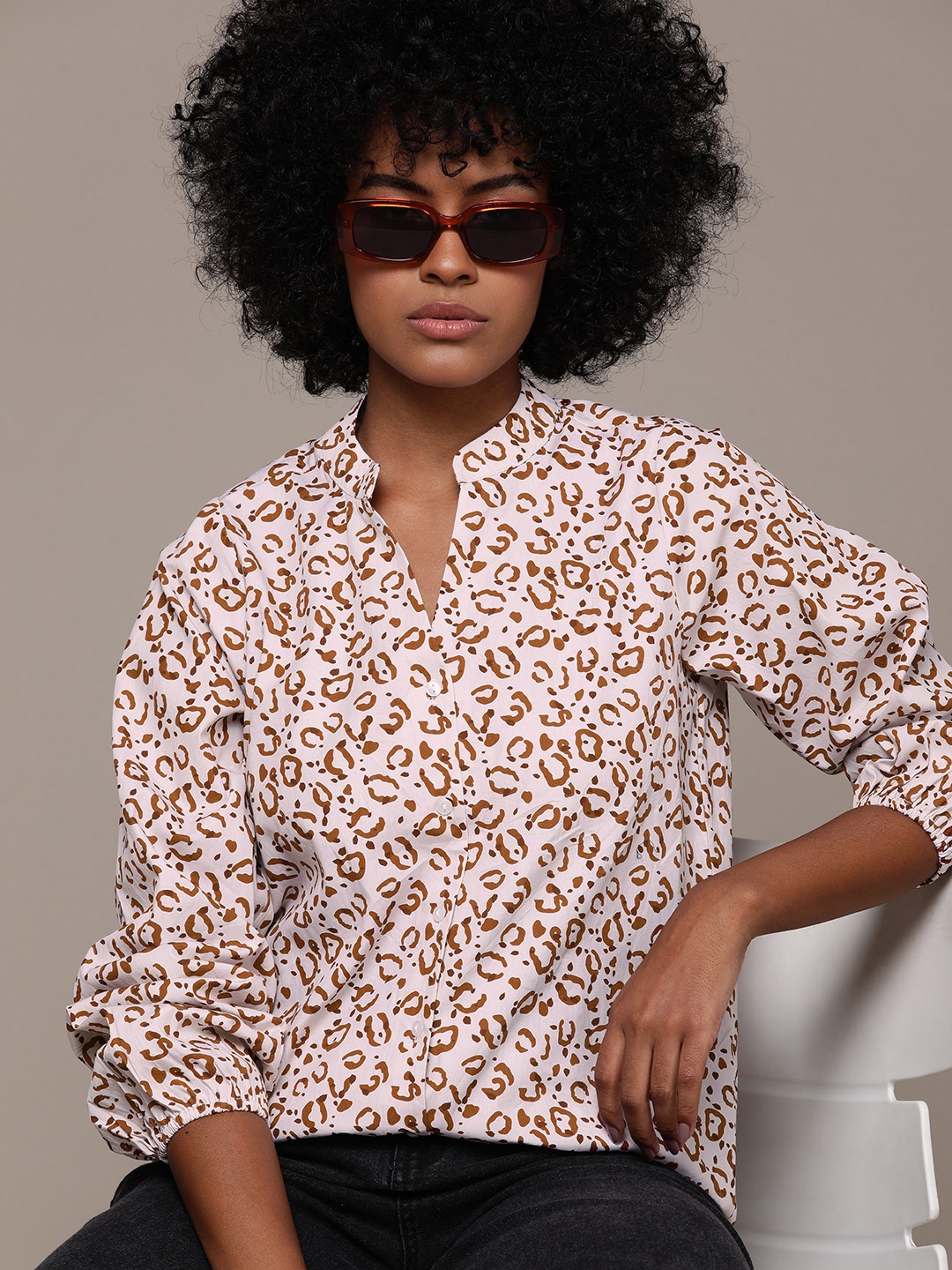 

Roadster Animal Printed Puff Sleeves Casual Shirt, Brown