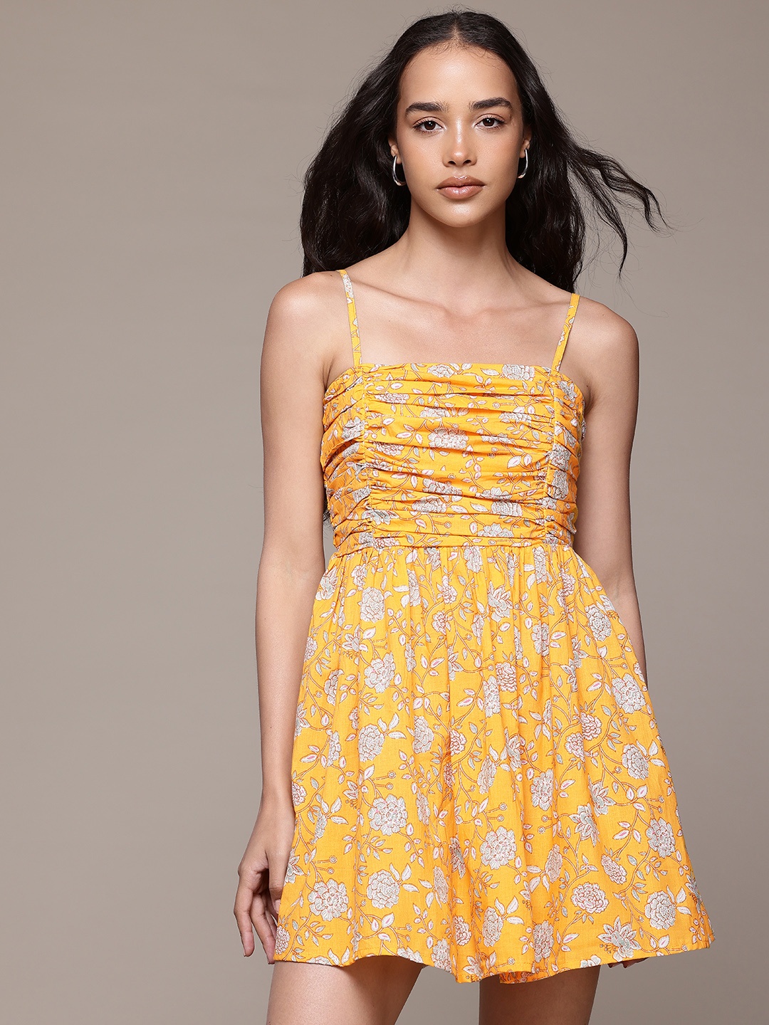 

Roadster Floral Print Pure Cotton Smocked Fit & Flare Mini Dress, Yellow