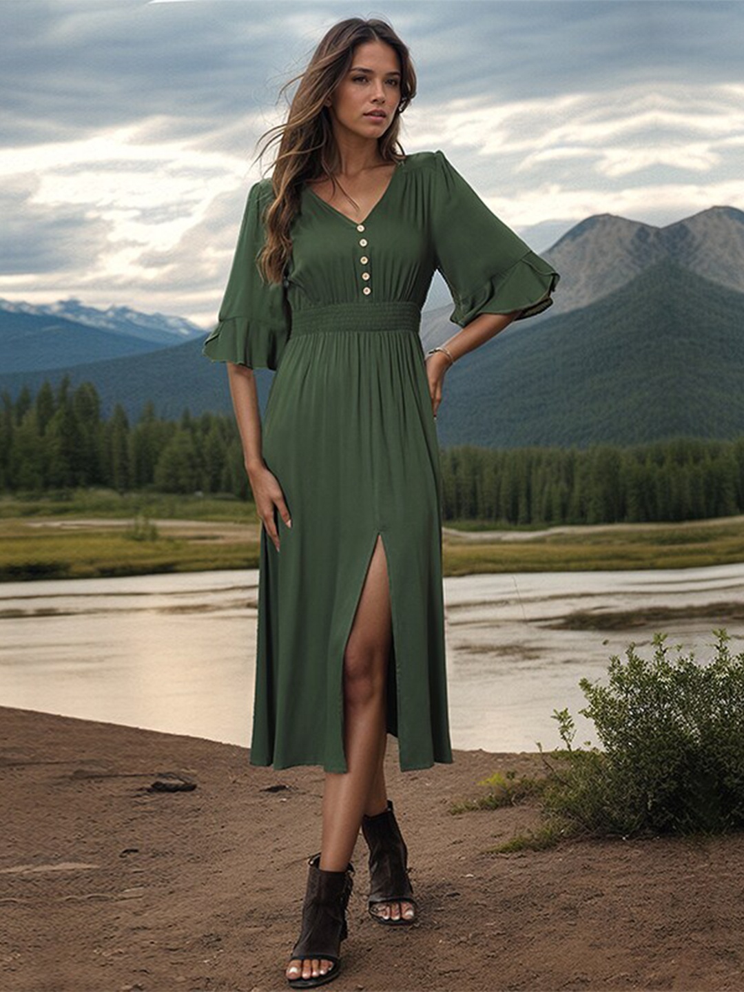 

all about you Green V-Neck A-Line Dress