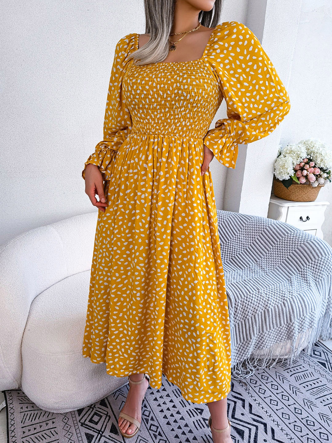 

all about you Print Bell Sleeve Fit & Flare Midi Dress, Yellow