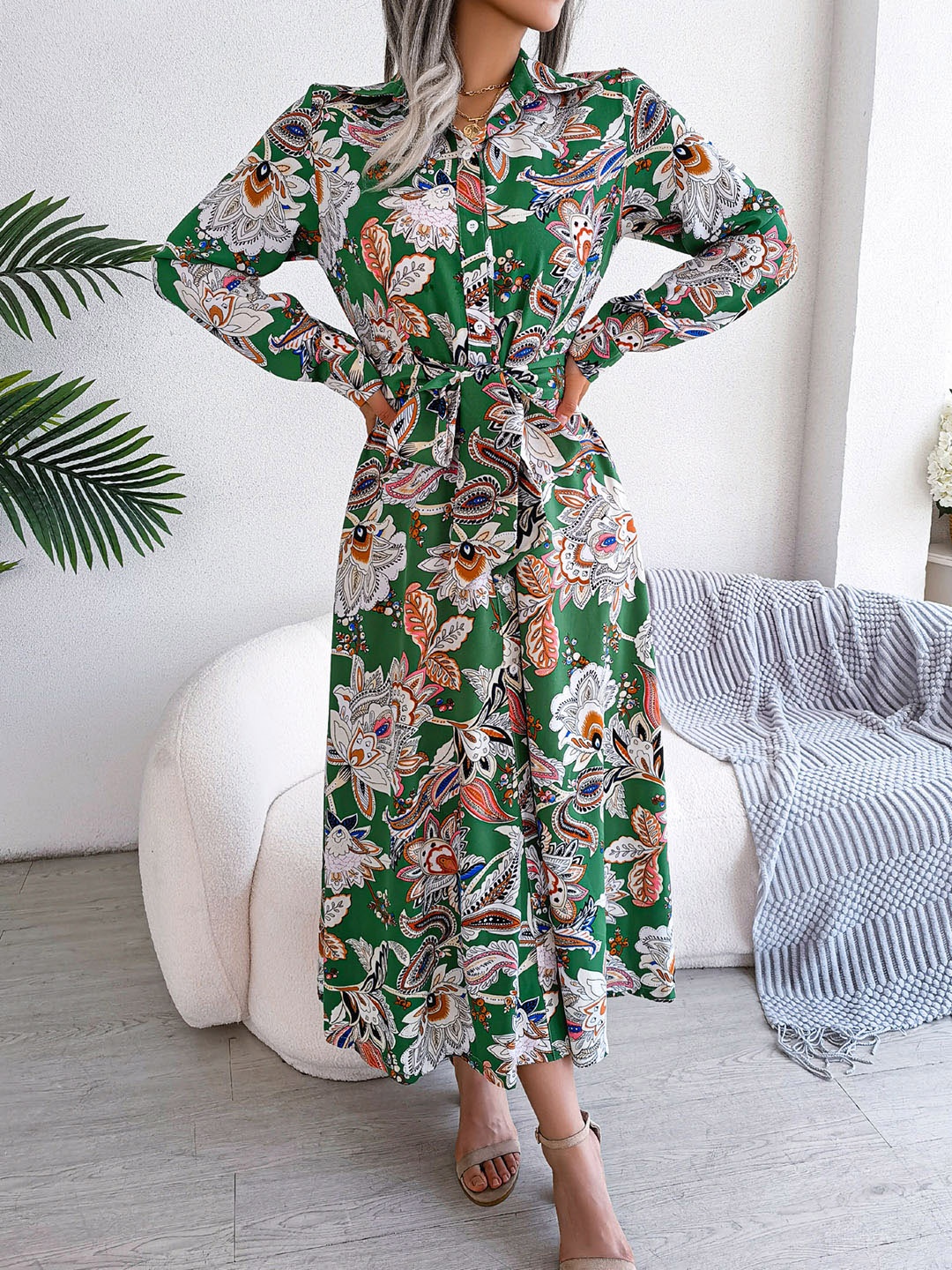 

all about you Tropical Print Bell Sleeve Shirt Midi Dress, Green
