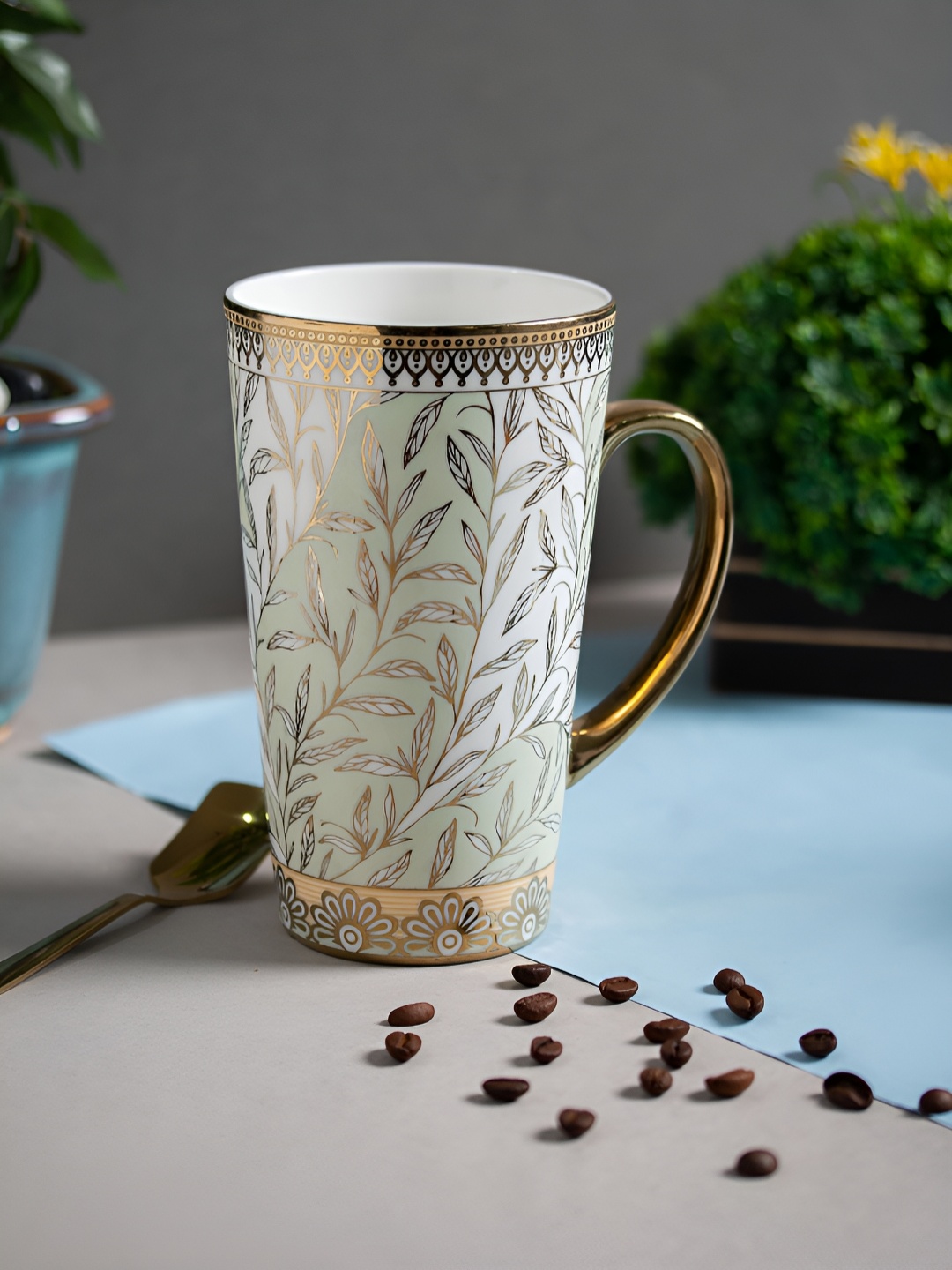 

JCPL White & Gold-Toned Printed Ceramic Glossy Mug 590 ml