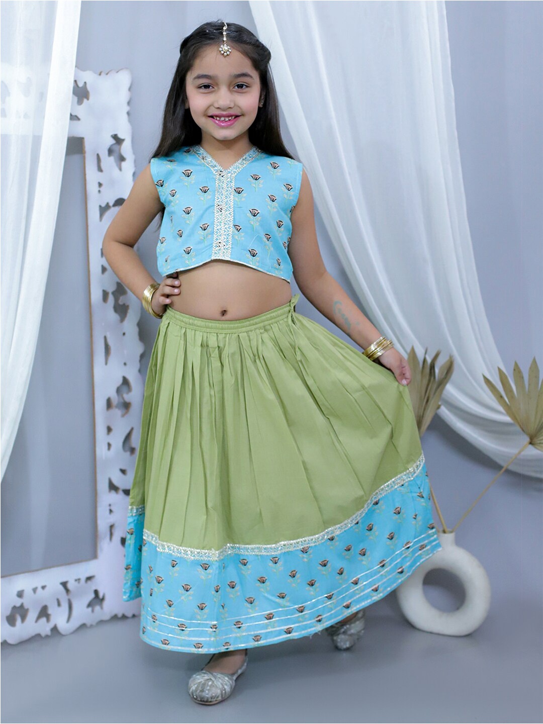 

JUNITOS Girls Printed Pure Cotton Ready to Wear Lehenga & Blouse, Blue
