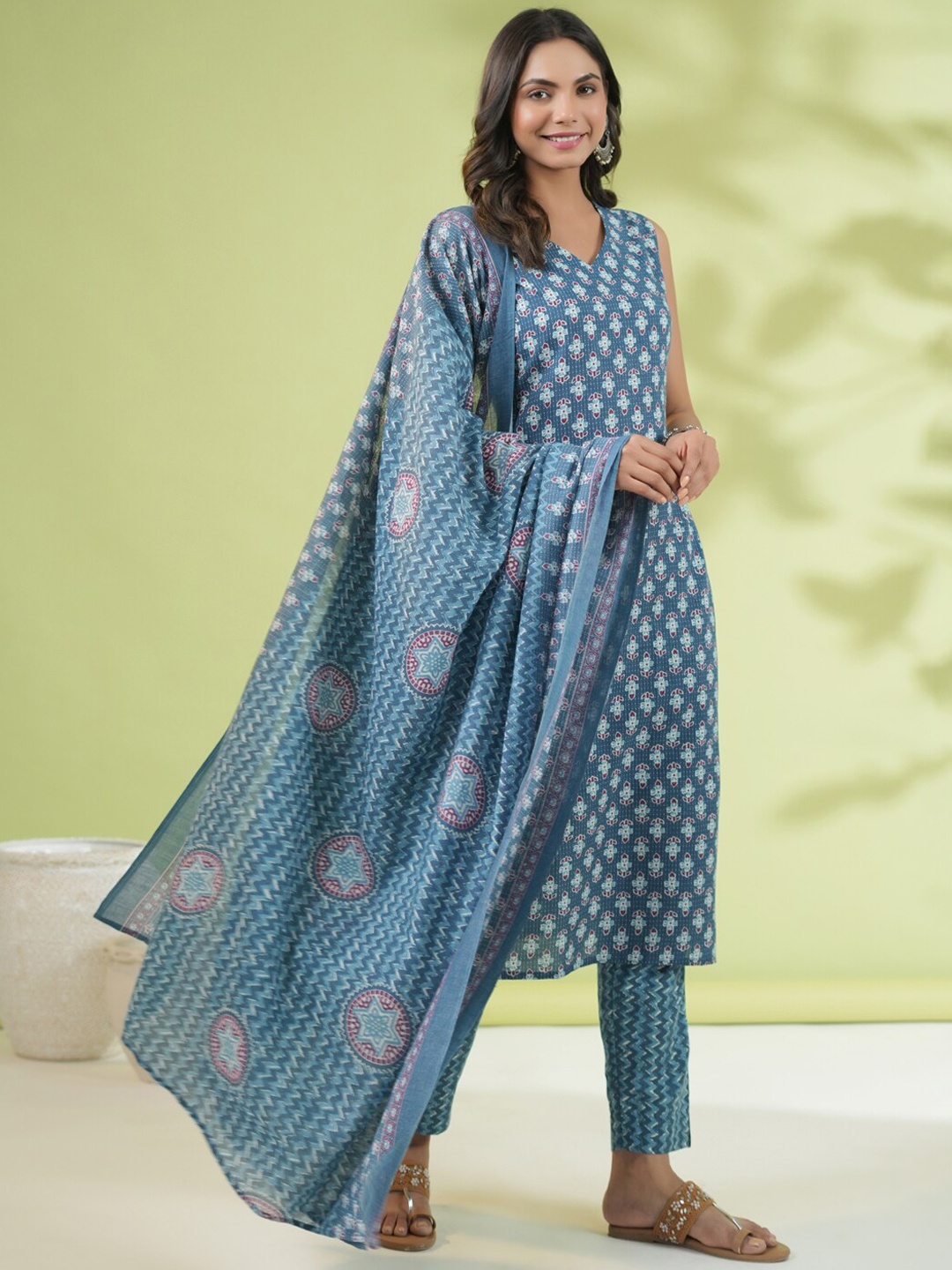 

KALINI Floral Printed Pure Cotton Kurta With Trouser & Dupatta, Blue