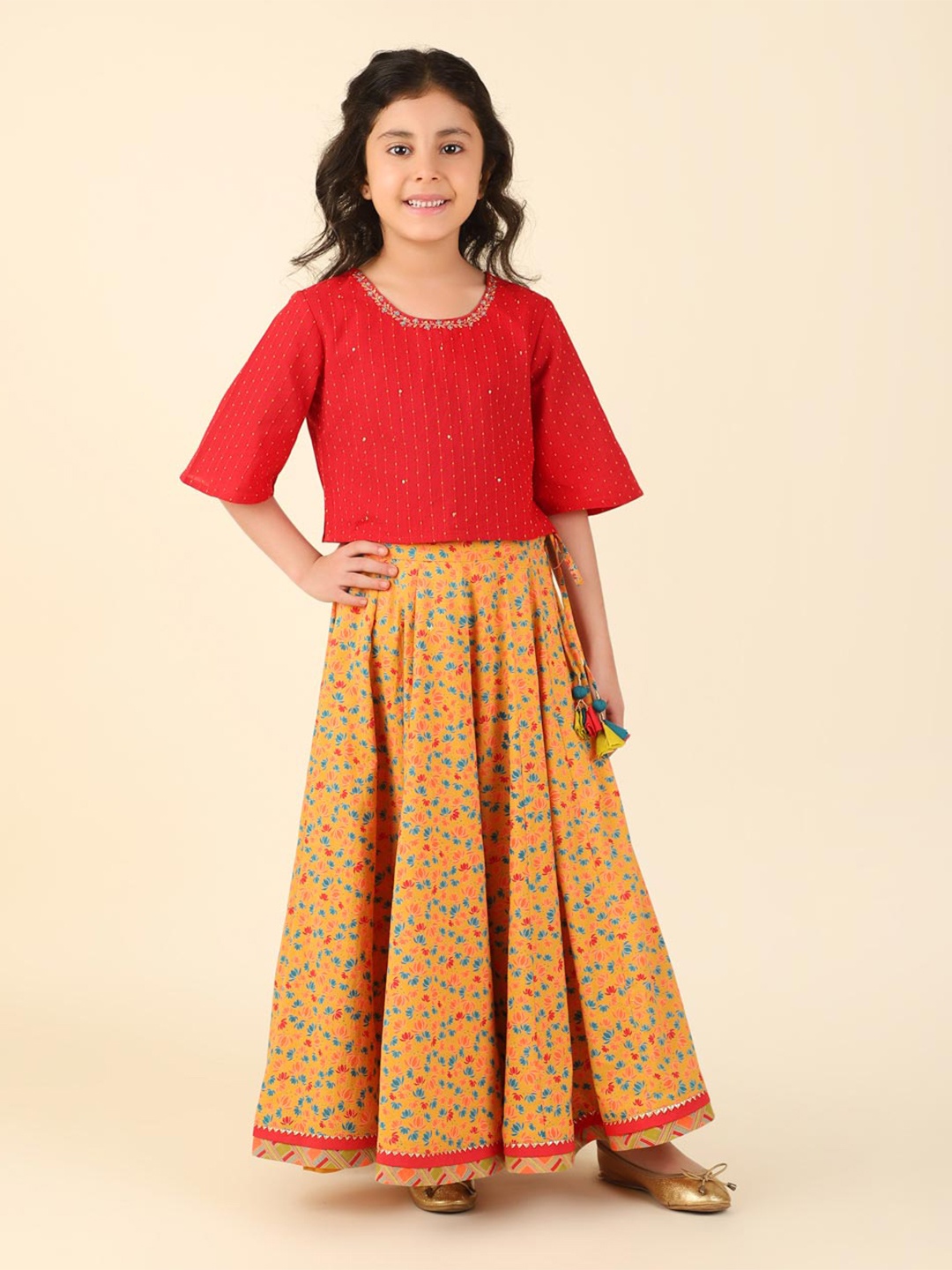 

Fabindia Girls Embroidered Cotton Ready to Wear Lehenga & Blouse, Yellow