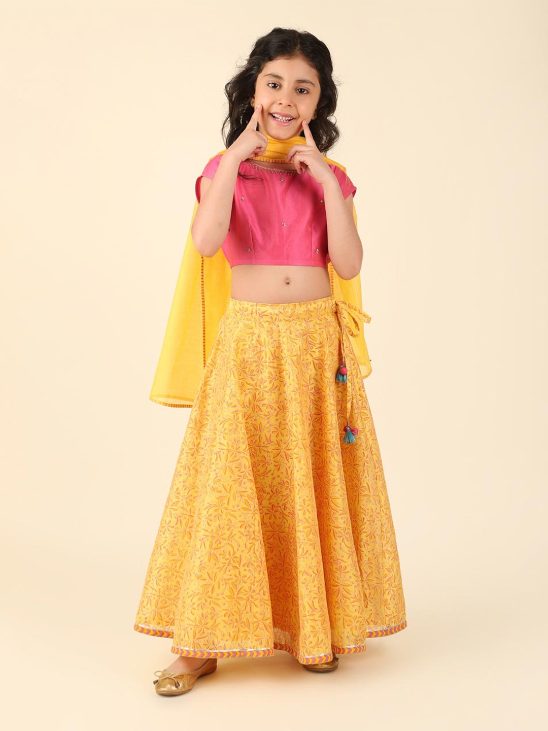 

Fabindia Girls Printed Ready to Wear Lehenga & Blouse With Dupatta, Yellow