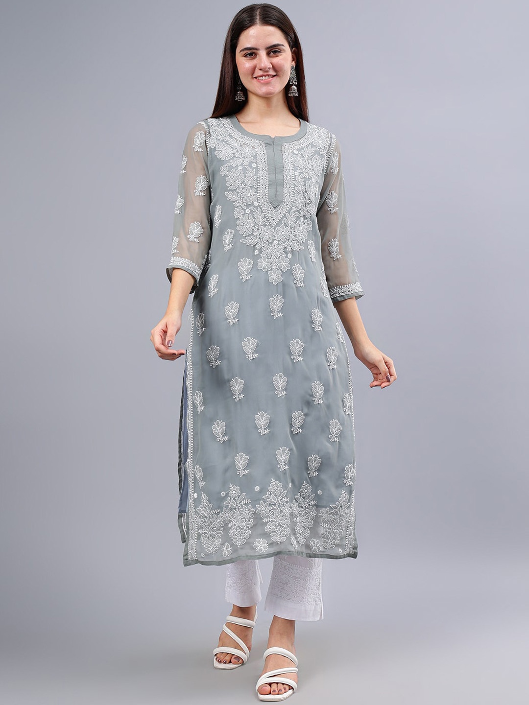 

Seva Chikan Ethnic Motifs Embroidered Sequinned Georgette Lucknowi Chikankari Kurta, Grey