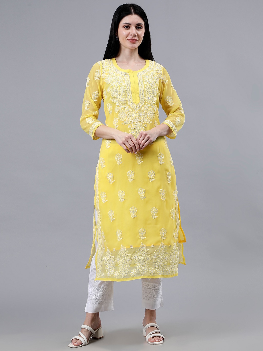 

Seva Chikan Ethnic Motifs Embroidered Georgette Lucknowi Chikankari Kurta, Yellow