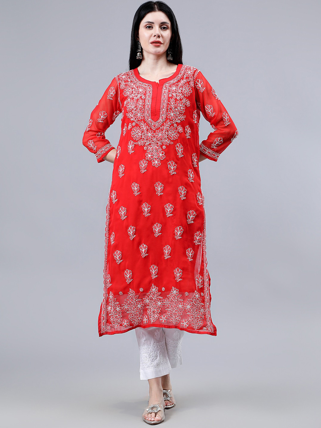 

Seva Chikan Floral Embroidered Chikankari Straight Kurta With Slip, Red