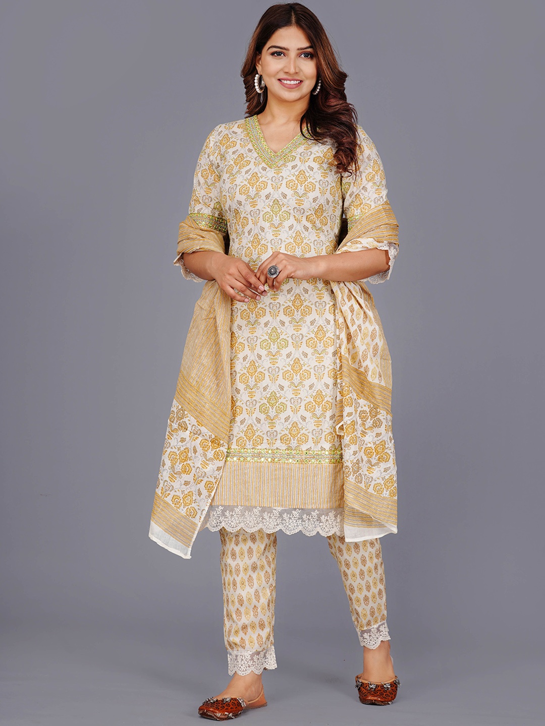 

KALINI Floral Printed Pure Cotton Kurta With Trouser & Dupatta, Mustard