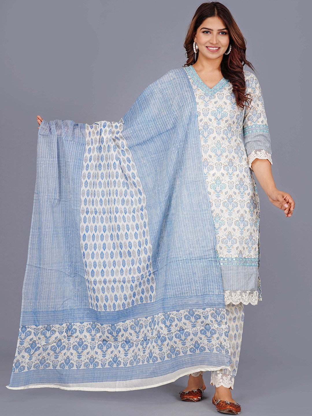 

KALINI Floral Printed Pure Cotton Kurta With Trouser & Dupatta, Blue