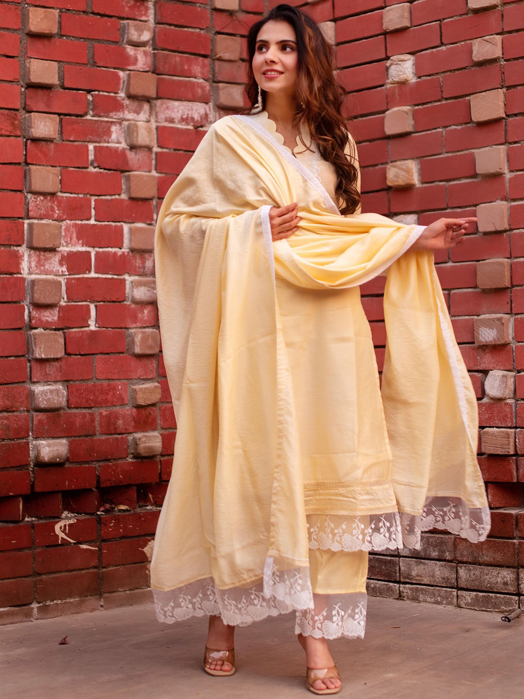 

Calmna Chanderi Cotton Straight Kurta with Trousers & Dupatta, Yellow