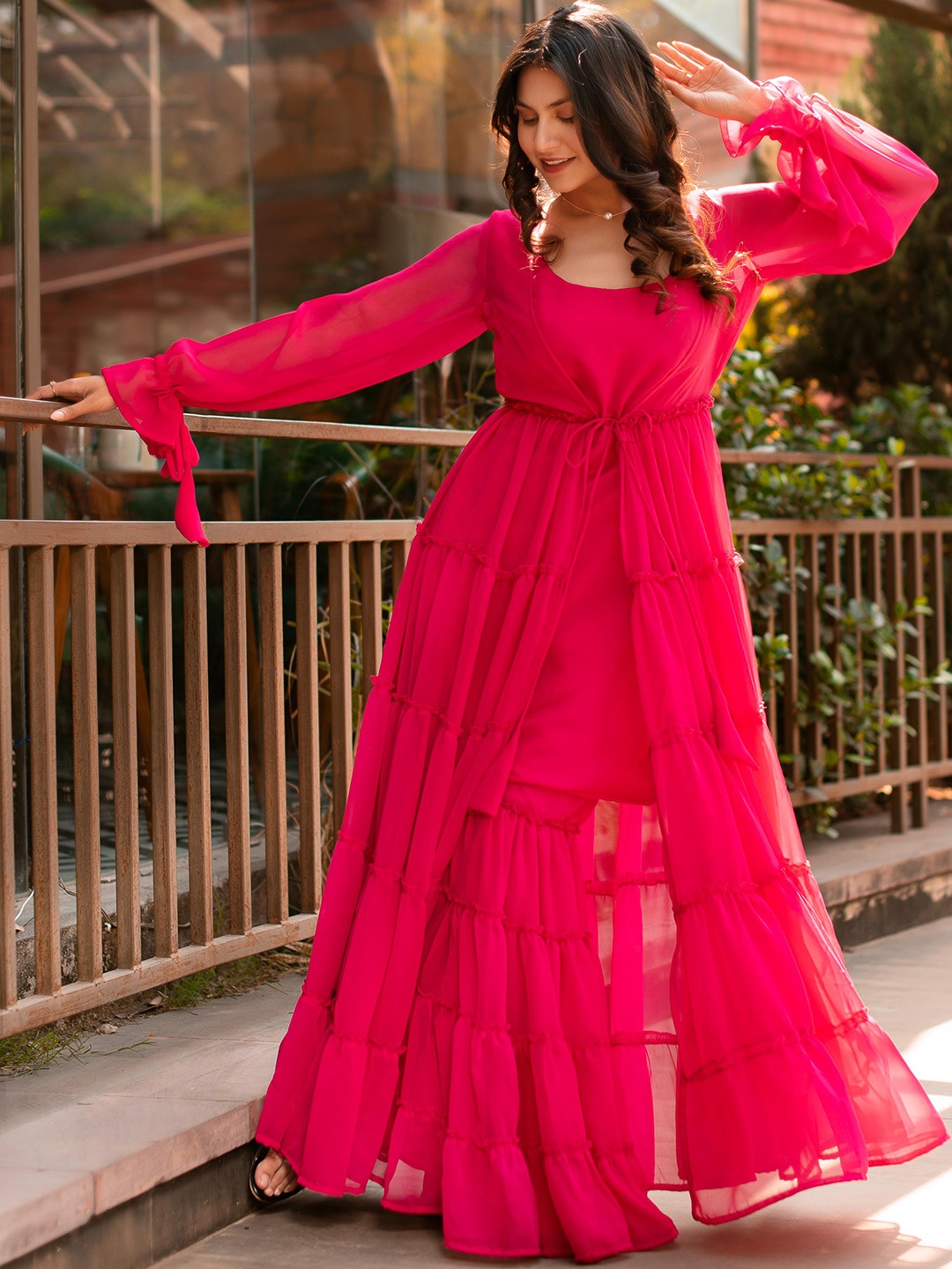 

Calmna Tiered Georgette A-Line Kurta with Sharara, Magenta