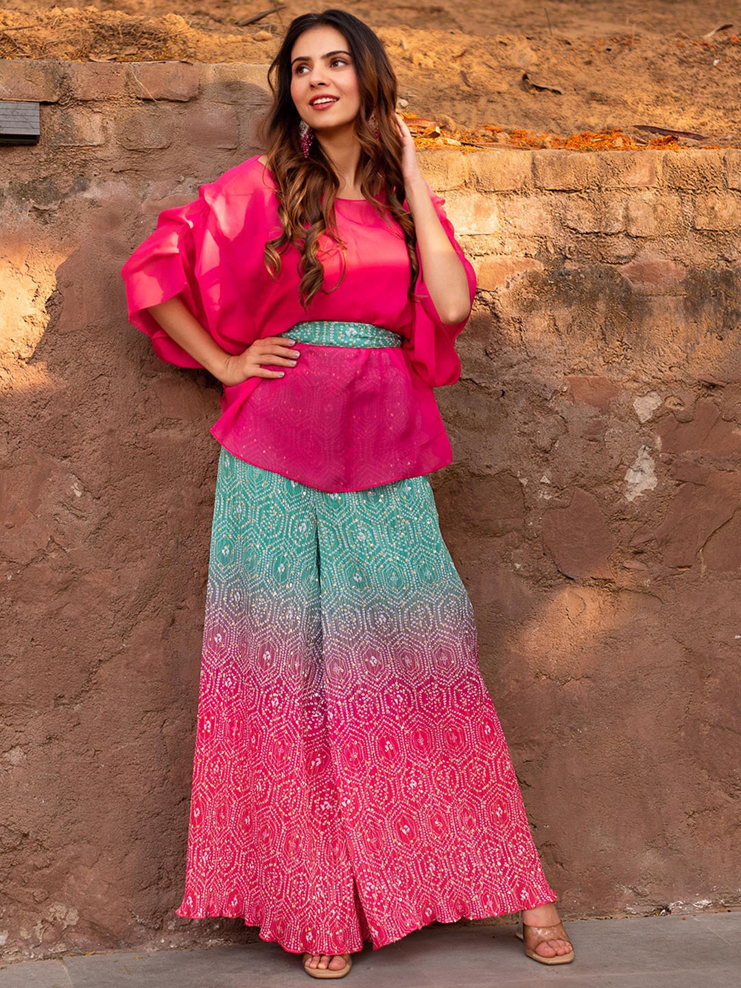 

Calmna Georgette Empire Kaftan Kurti with Palazzos, Pink
