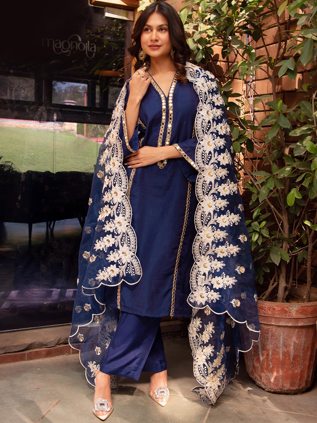 

Calmna Panelled Mirror Work Chanderi Cotton Straight Kurta with Trousers & Dupatta, Blue