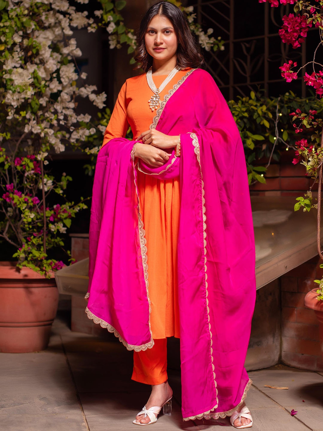 

Calmna Pleated Cotton A-Line Kurta with Trousers & With Dupatta, Orange