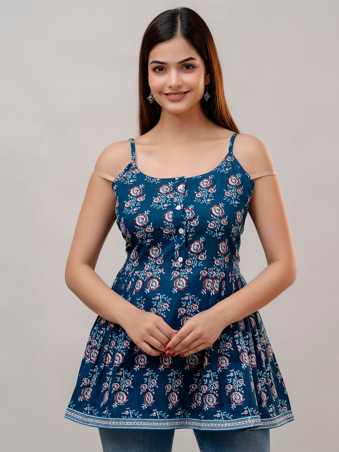 

SHOOLIN Floral Print Cotton Empire Top, Blue