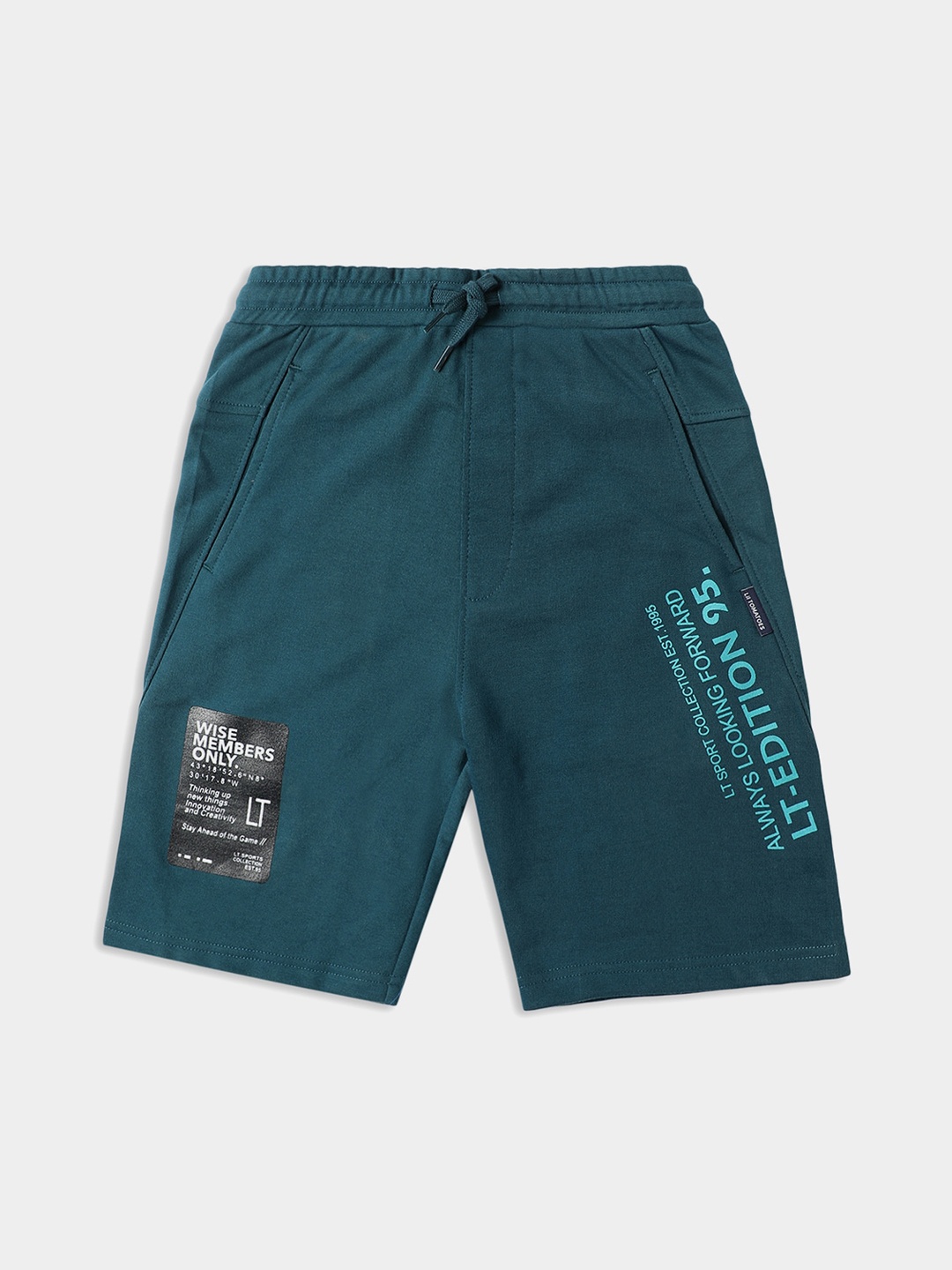 

Lil Tomatoes Boys Typography Printed Shorts, Teal